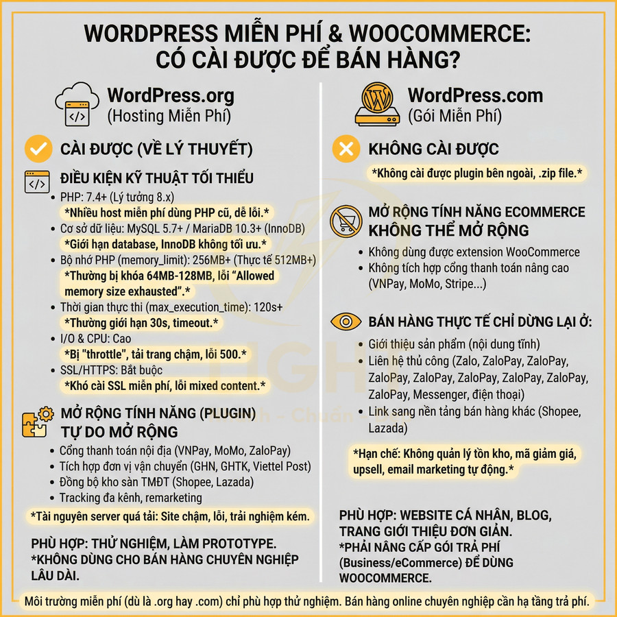 So sánh WordPress.org và WordPress.com miễn phí trong việc cài WooCommerce và mở rộng tính năng bán hàng online