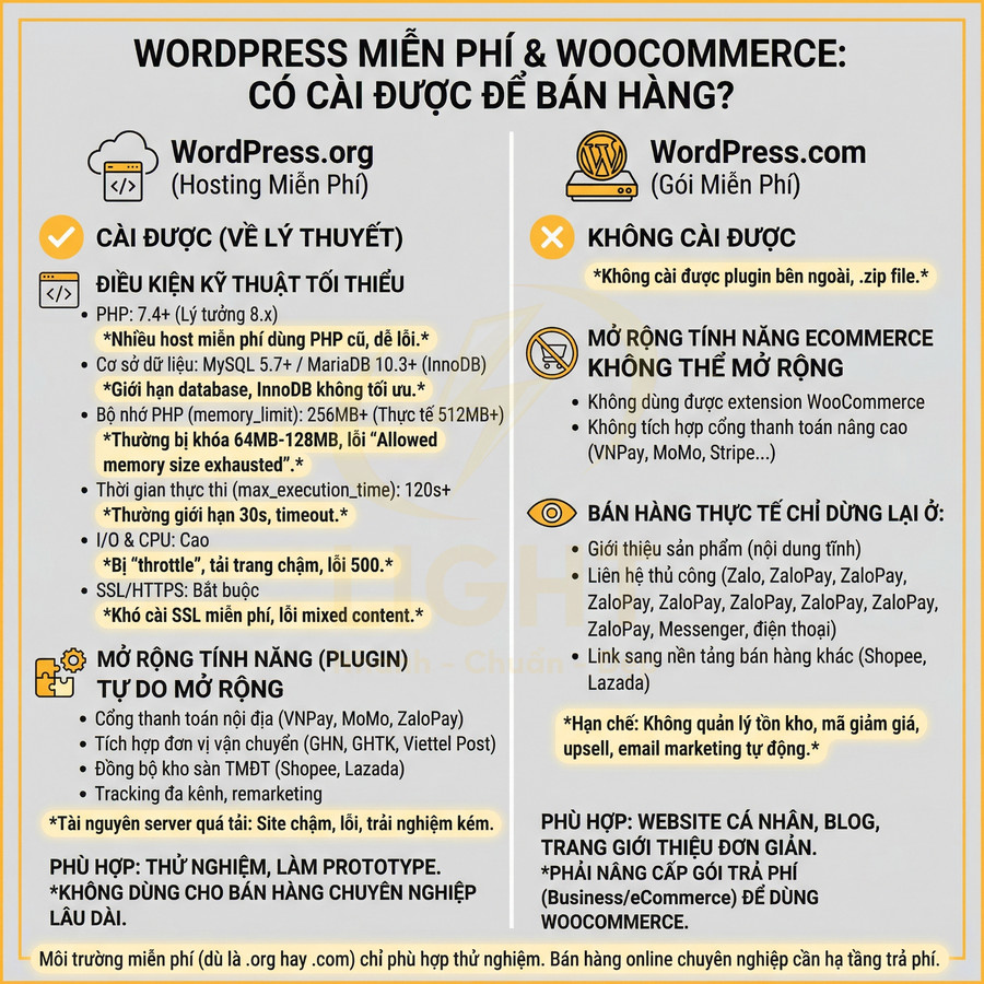 Infographic so sánh WordPress.org và WordPress.com về khả năng cài WooCommerce để bán hàng online