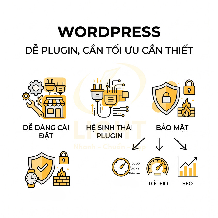 Ưu điểm WordPress với plugin dễ cài đặt, hệ sinh thái phong phú, bảo mật tốt, tăng tốc độ và hỗ trợ SEO