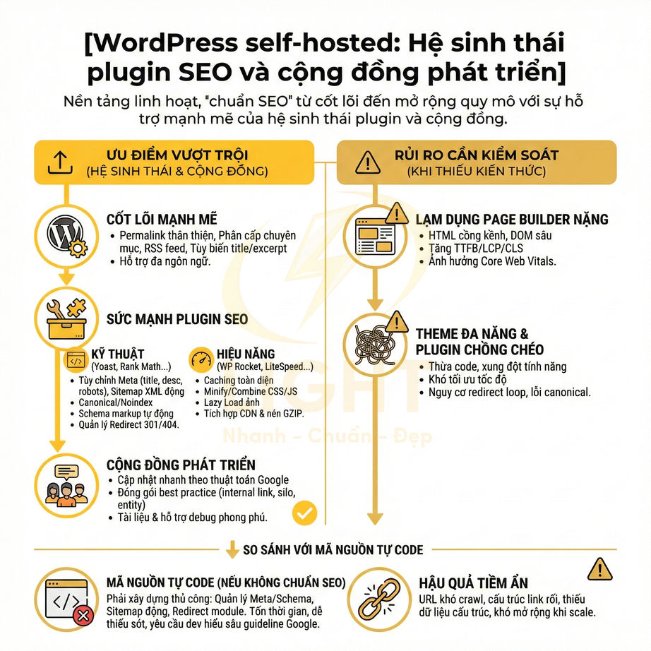 Infographic so sánh ưu điểm và rủi ro SEO khi dùng WordPress self hosted và hệ sinh thái plugin