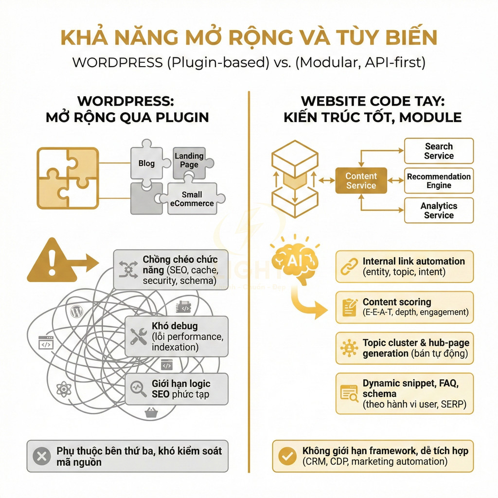 So sánh khả năng mở rộng WordPress qua plugin với website code tay kiến trúc module và tự động hóa SEO