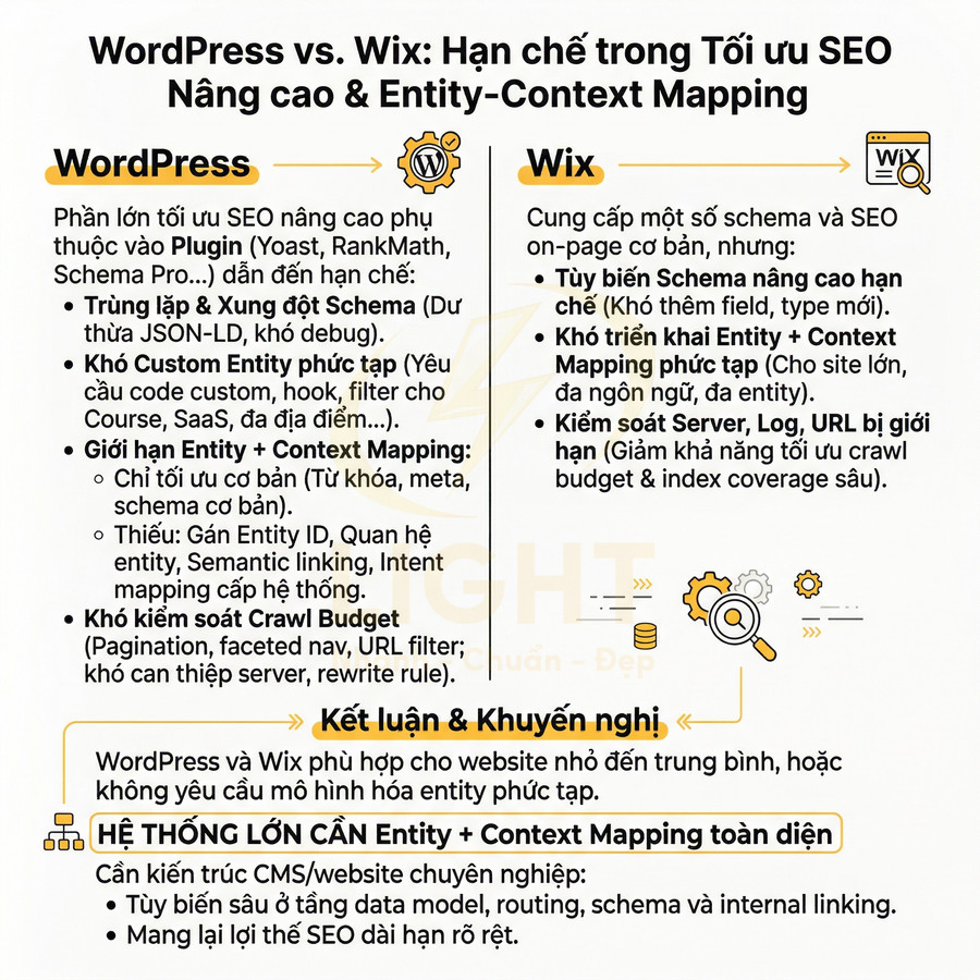 So sánh WordPress và Wix về hạn chế tối ưu SEO nâng cao và Entity Context Mapping bằng infographic tiếng Việt