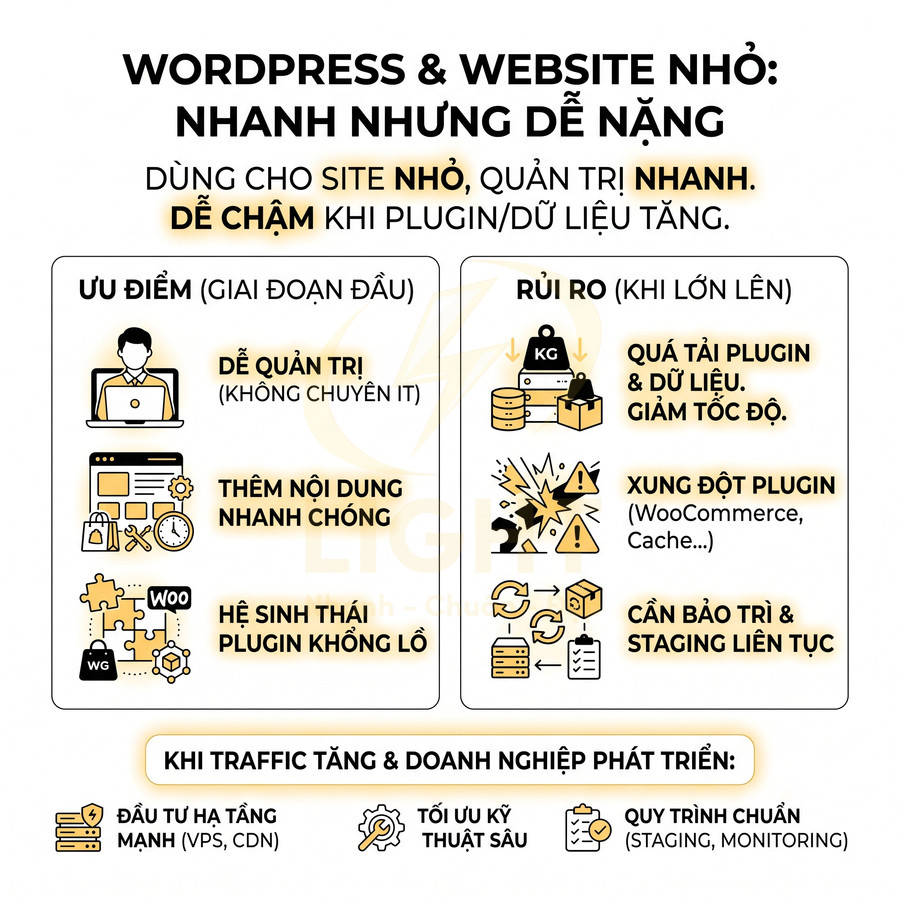 Infographic so sánh ưu điểm và rủi ro khi dùng WordPress cho website nhỏ và gợi ý tối ưu khi traffic tăng