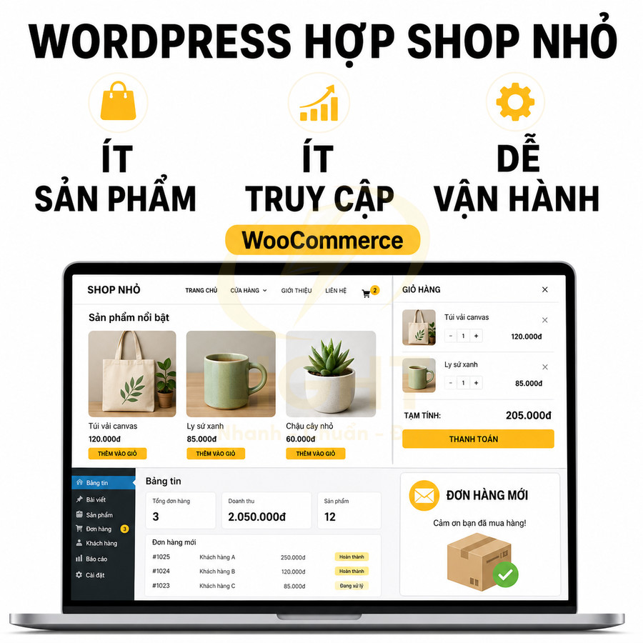 Giao diện website bán hàng WooCommerce trên laptop, hiển thị giỏ hàng và sản phẩm túi vải, ly sứ, chậu cây nhỏ