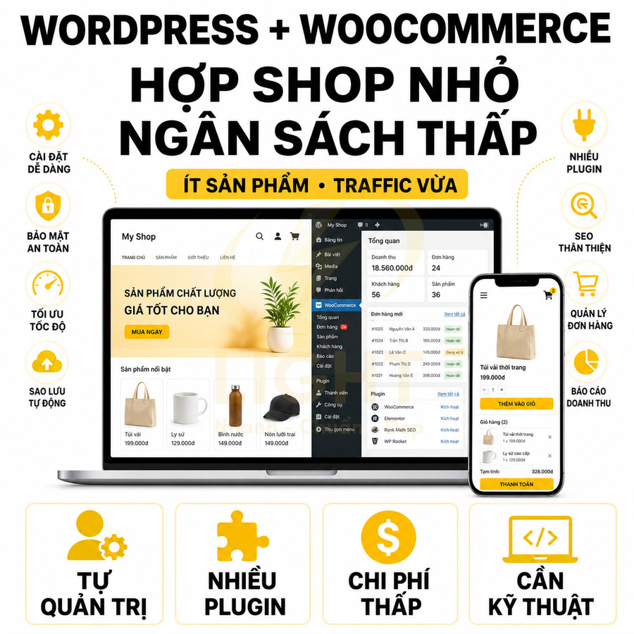 Giao diện website bán hàng WordPress WooCommerce trên laptop và điện thoại cho shop nhỏ ngân sách thấp
