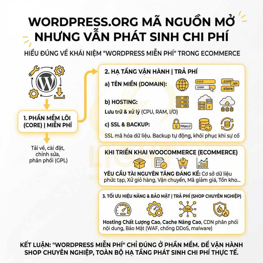 Infographic giải thích WordPress.org mã nguồn mở nhưng vẫn phát sinh chi phí hosting, tên miền, SSL và hạ tầng ecommerce