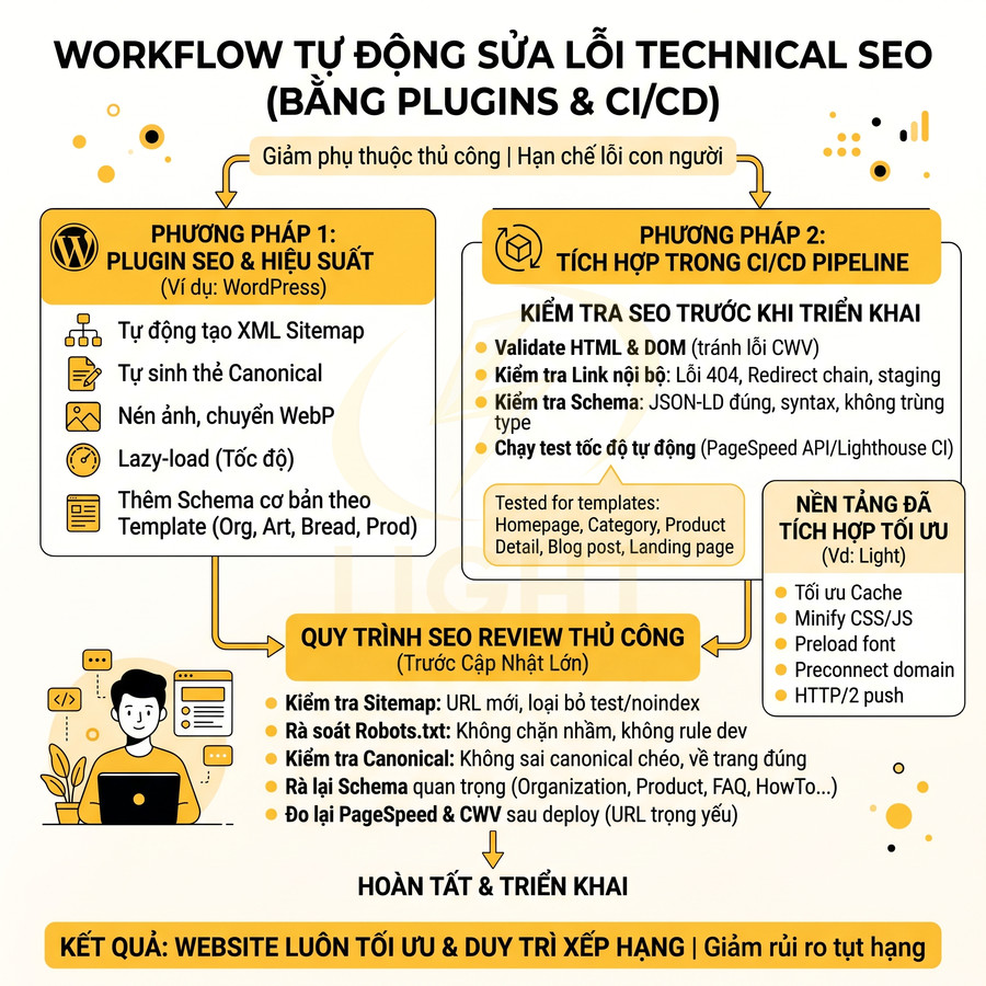 Workflow tự động sửa lỗi technical SEO bằng plugin WordPress và CI CD giúp tối ưu hiệu suất website