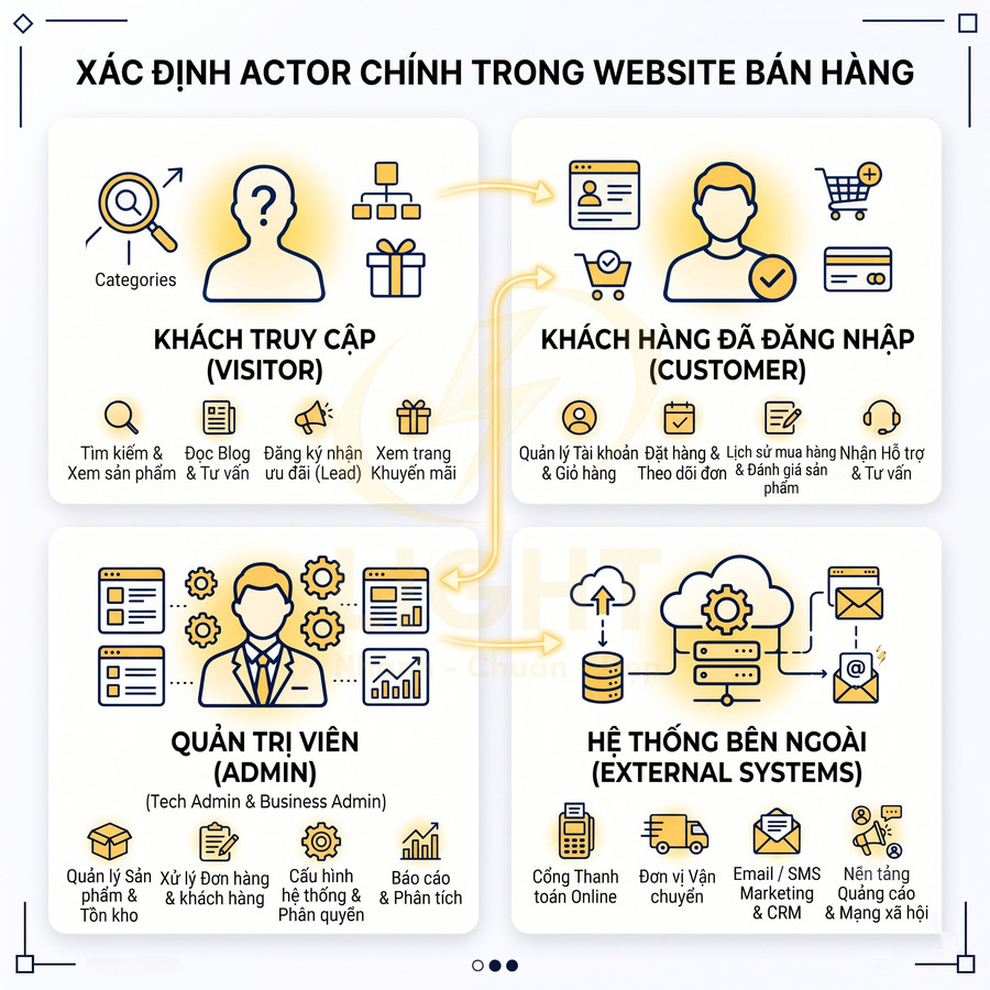 Sơ đồ các nhóm người dùng và hệ thống chính trong website bán hàng online