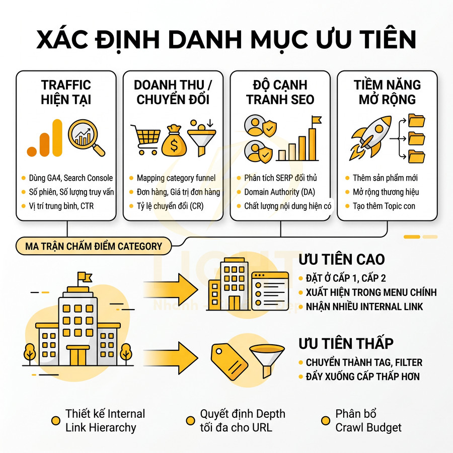 Infographic xác định danh mục ưu tiên SEO với các tiêu chí traffic, doanh thu, cạnh tranh và tiềm năng mở rộng