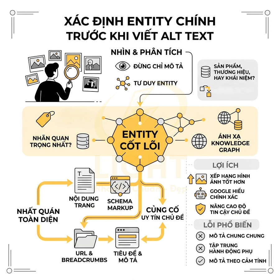 Hướng dẫn xác định entity cốt lõi trước khi viết alt text chuẩn SEO với sơ đồ quy trình và lợi ích chi tiết