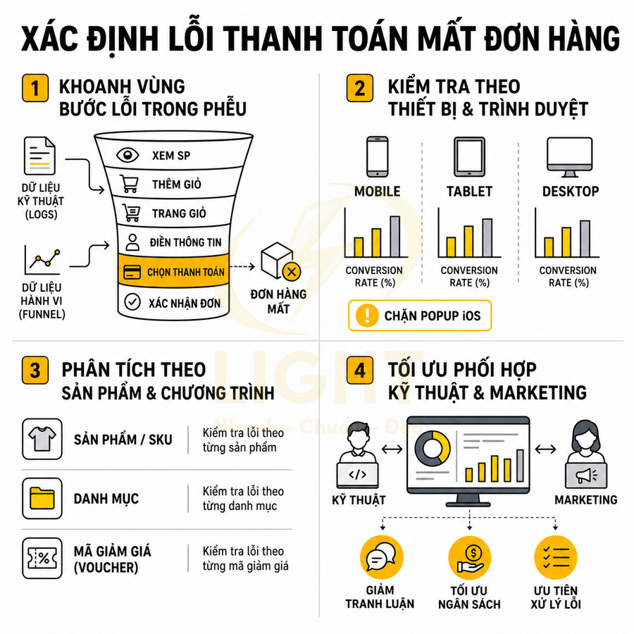 Hướng dẫn xác định lỗi thanh toán mất đơn hàng với phễu mua sắm, thiết bị, sản phẩm và phối hợp kỹ thuật marketing