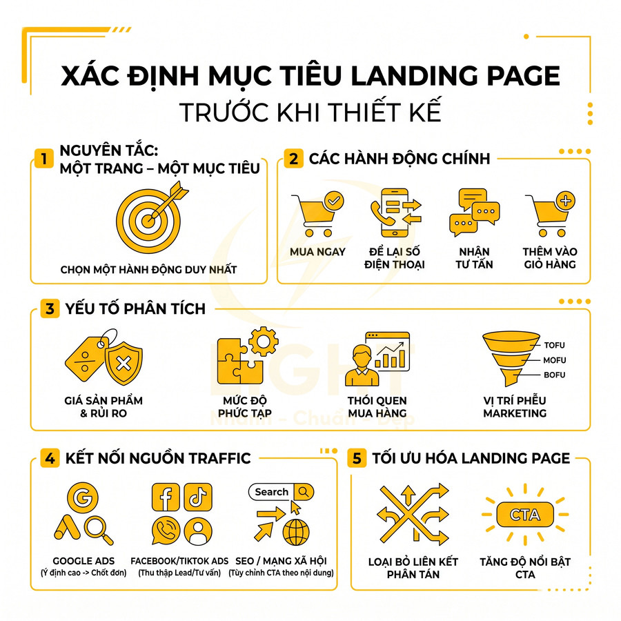 Infographic hướng dẫn xác định mục tiêu landing page với nguyên tắc, hành động chính và cách tối ưu chuyển đổi