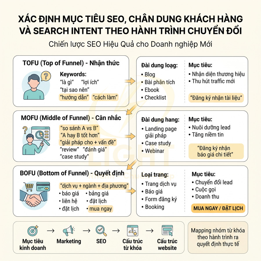 Sơ đồ hành trình chuyển đổi TOFU MOFU BOFU và chiến lược nội dung SEO theo từng giai đoạn