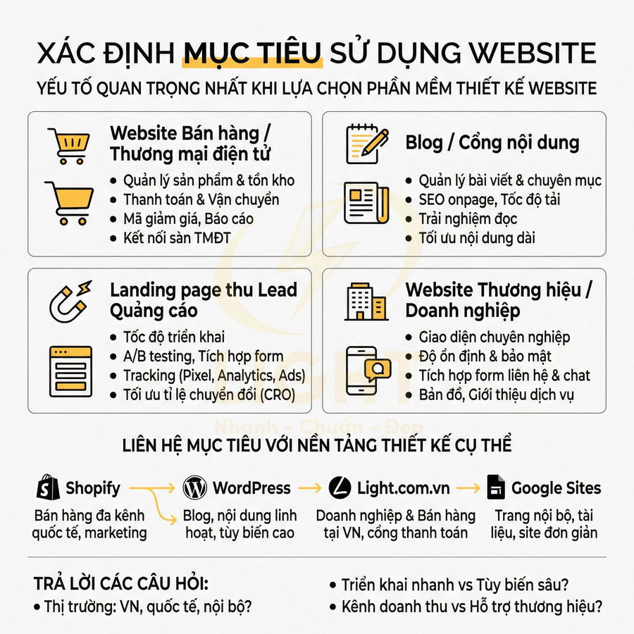 Hướng dẫn xác định mục tiêu sử dụng website và chọn nền tảng thiết kế như Shopify, WordPress, Light.com.vn, Google Sites
