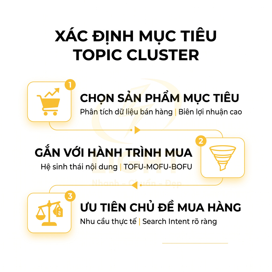Quy trình xác định mục tiêu topic cluster cho sản phẩm theo hành trình mua và ưu tiên chủ đề mua hàng