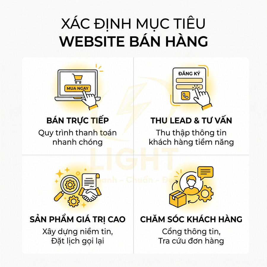Infographic xác định mục tiêu website bán hàng với bốn nhóm: bán trực tiếp, thu lead tư vấn, sản phẩm giá trị cao, chăm sóc khách hàng