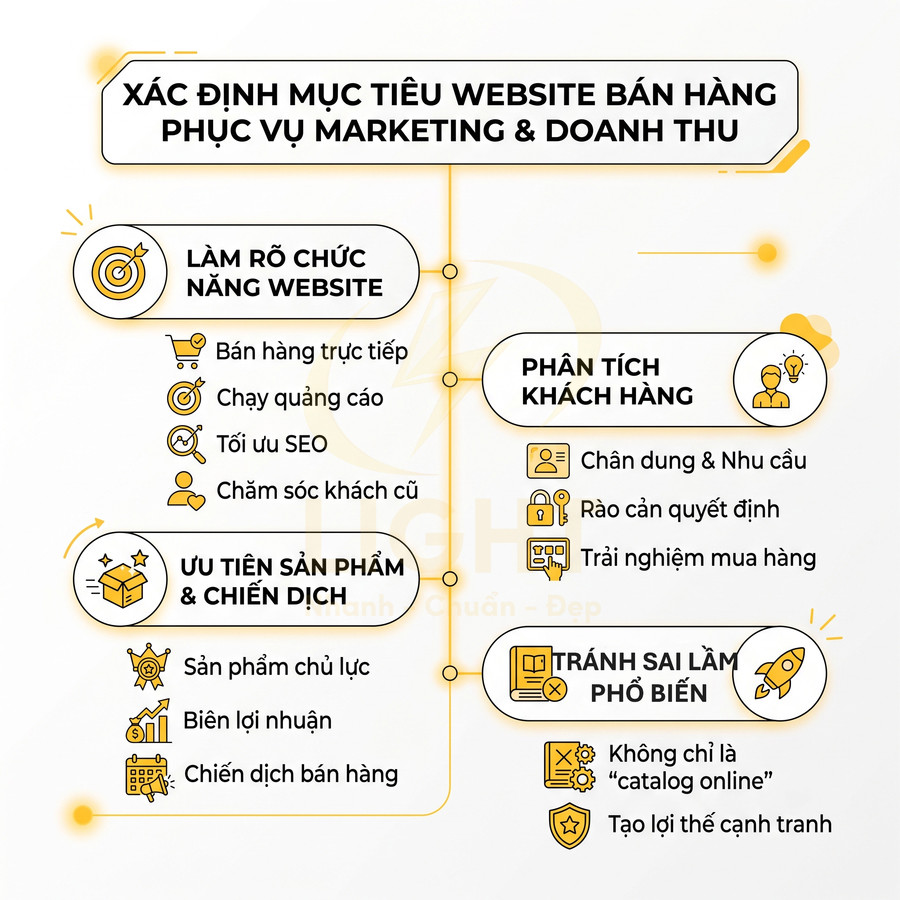 Infographic xác định mục tiêu website bán hàng cho marketing và doanh thu với các bước và lưu ý chính