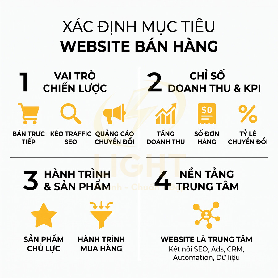 Xác định mục tiêu website bán hàng với vai trò chiến lược, KPI doanh thu, hành trình sản phẩm và website là trung tâm