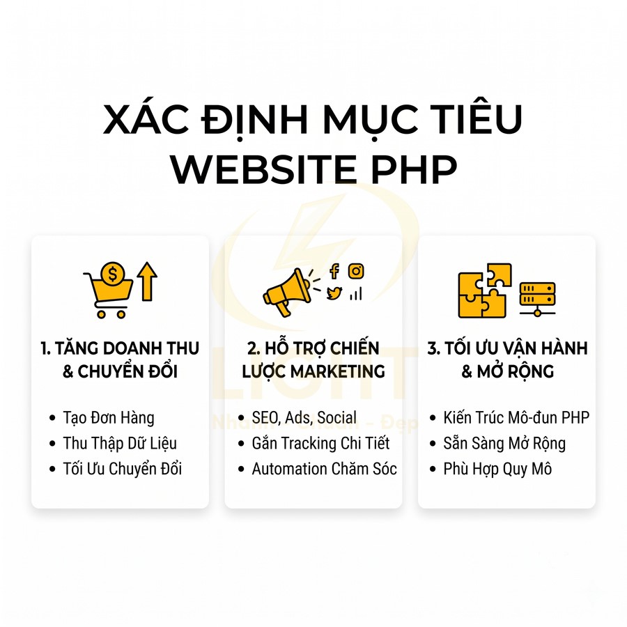 Xác định mục tiêu website PHP với 3 nhóm: tăng doanh thu, hỗ trợ marketing, tối ưu vận hành và mở rộng