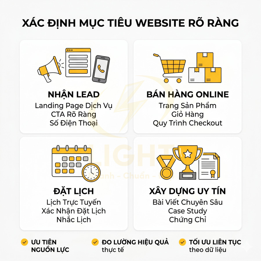 Xác định mục tiêu website rõ ràng với nhận lead, bán hàng online, đặt lịch và xây dựng uy tín thương hiệu