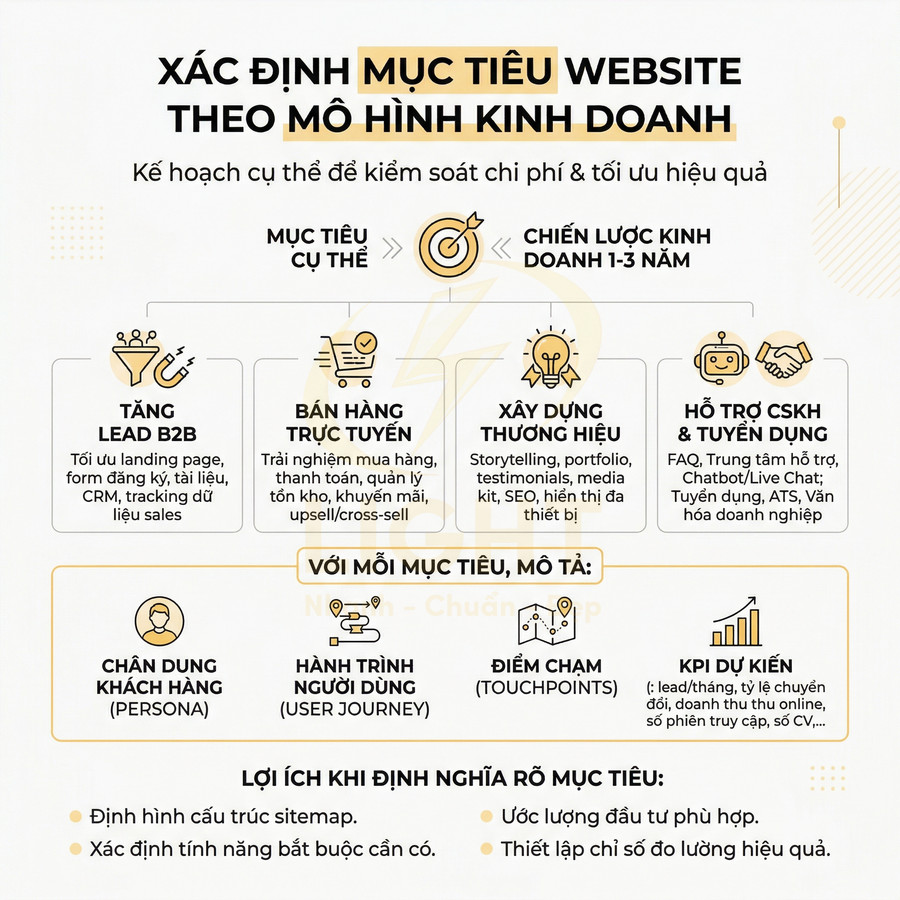 Infographic xác định mục tiêu website theo mô hình kinh doanh, gồm tăng lead B2B, bán hàng online, xây dựng thương hiệu, hỗ trợ CSKH