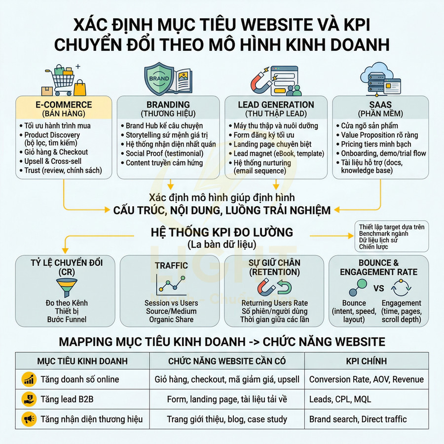 Infographic xác định mục tiêu website và KPI chuyển đổi theo mô hình kinh doanh e-commerce, branding, lead, SaaS