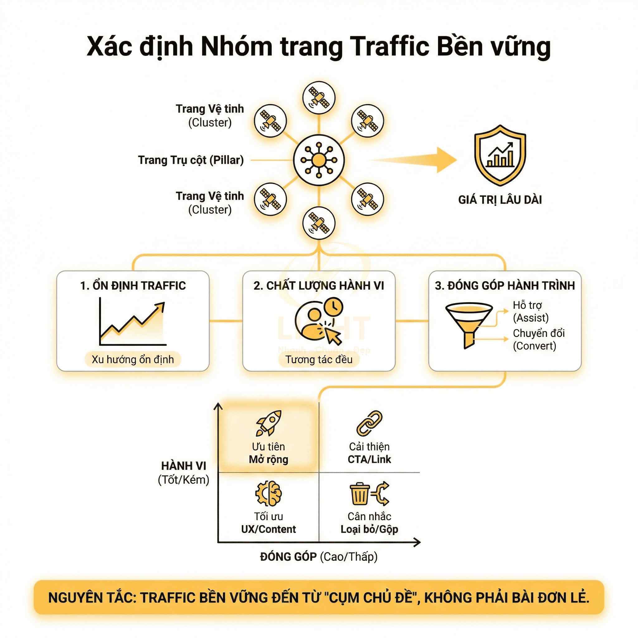 Xác định nhóm trang traffic bền vững với trang trụ cột, vệ tinh và các tiêu chí đánh giá chất lượng traffic