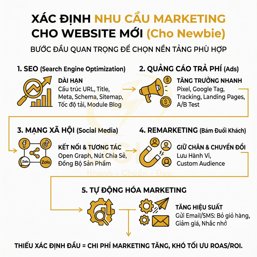 Xác định nhu cầu marketing cho website mới với 5 bước SEO, quảng cáo trả phí, mạng xã hội, remarketing và tự động hóa