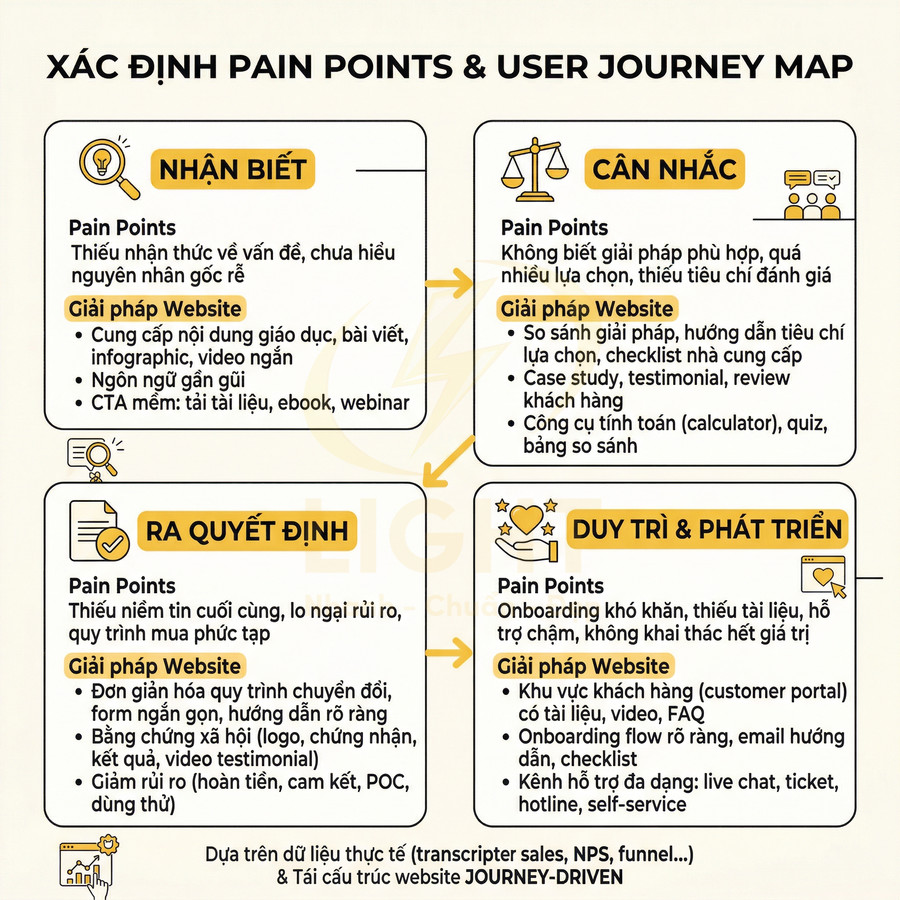 Sơ đồ xác định pain points và giải pháp website theo từng giai đoạn hành trình khách hàng