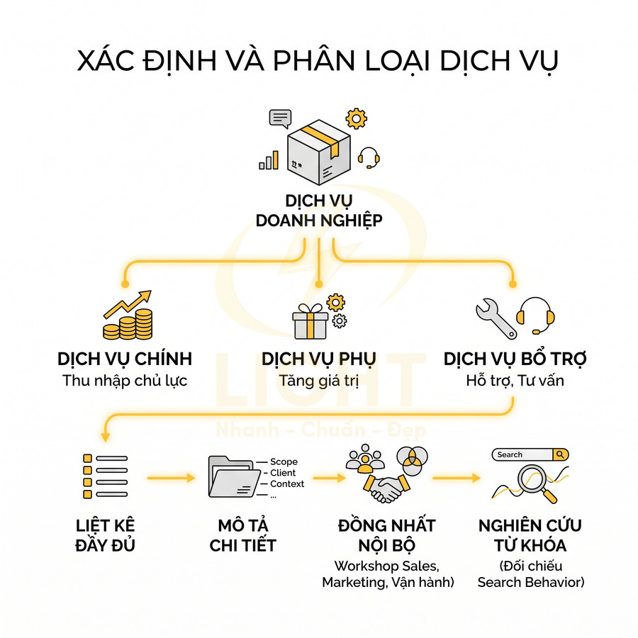 Sơ đồ xác định và phân loại dịch vụ doanh nghiệp gồm dịch vụ chính, dịch vụ phụ, dịch vụ bổ trợ và quy trình nghiên cứu từ khóa