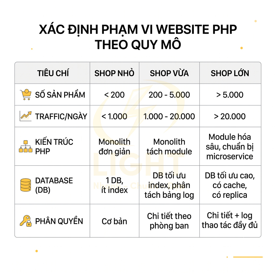 Bảng so sánh phạm vi và kiến trúc website PHP cho shop nhỏ, shop vừa và shop lớn theo quy mô