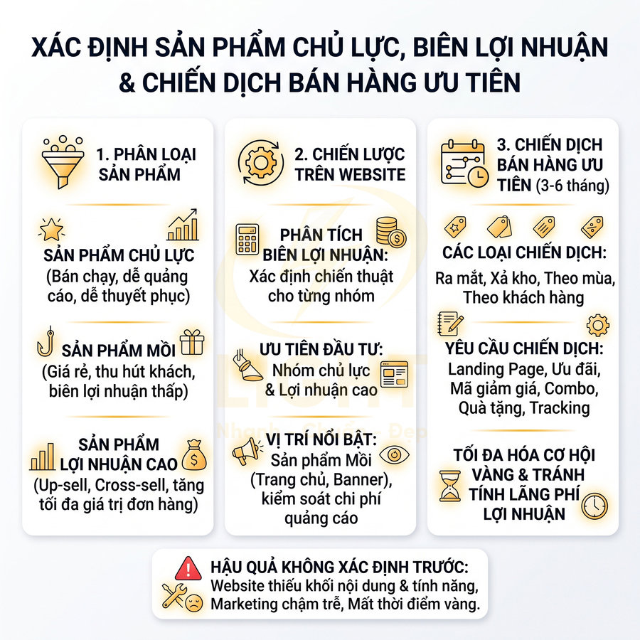 Hướng dẫn xác định sản phẩm chủ lực, biên lợi nhuận và chiến dịch bán hàng ưu tiên cho website kinh doanh