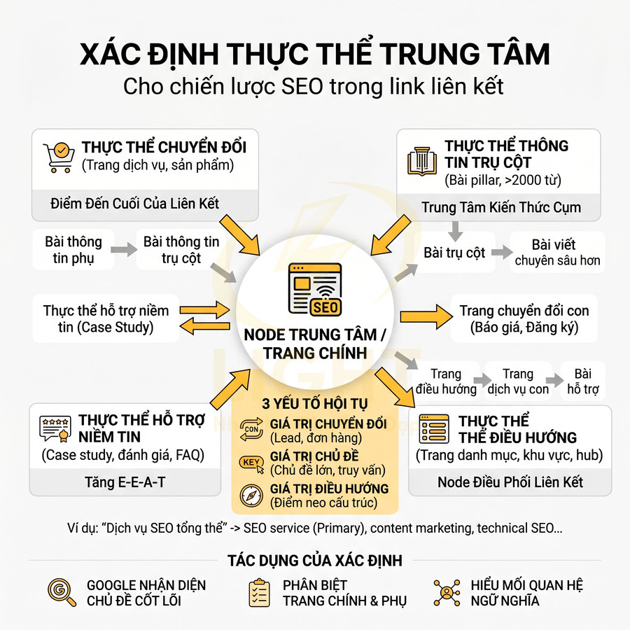 Sơ đồ xác định thực thể trung tâm cho chiến lược SEO trong link liên kết và cấu trúc nội dung website