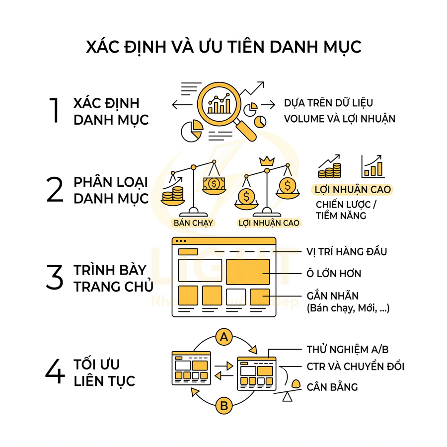Infographic quy trình xác định và ưu tiên danh mục sản phẩm để tối ưu trang chủ và tăng lợi nhuận