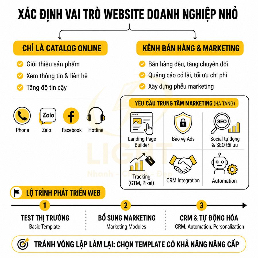 Infographic xác định vai trò website doanh nghiệp nhỏ và lộ trình phát triển web, tập trung kênh bán hàng marketing