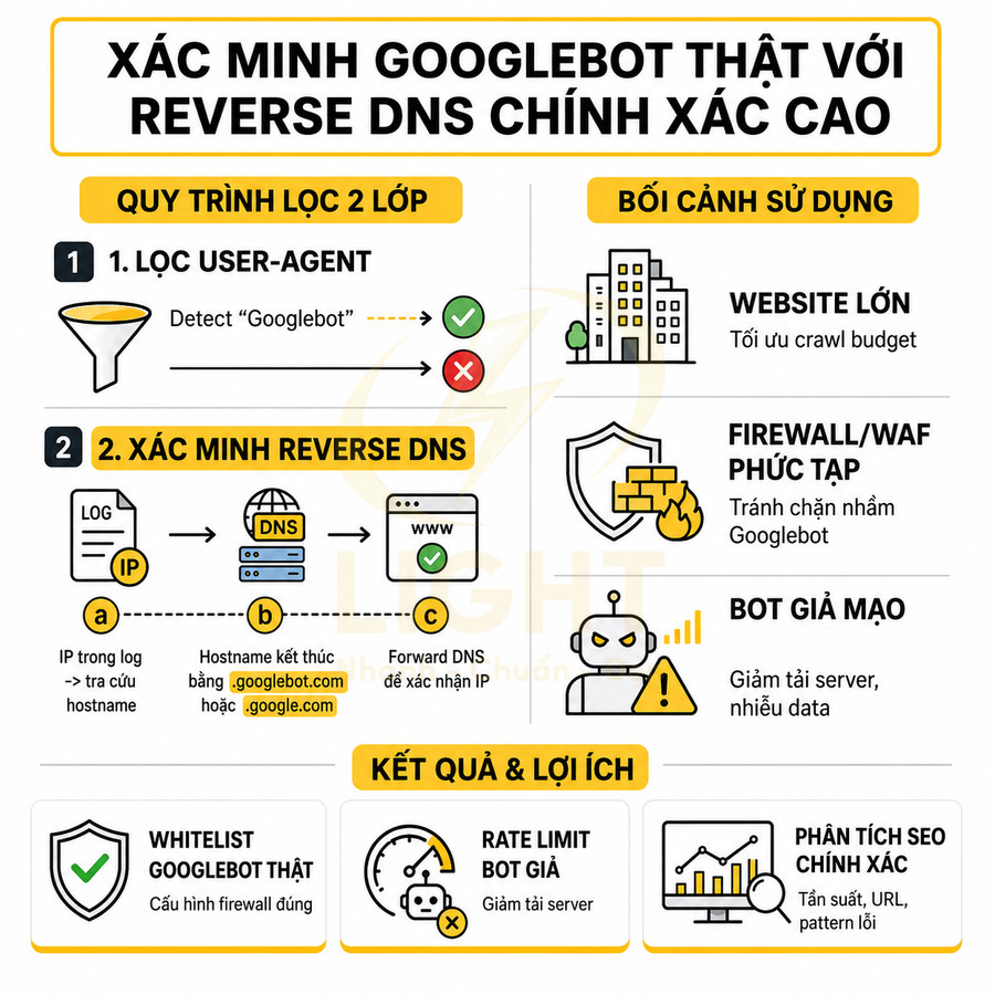 Hướng dẫn xác minh Googlebot thật bằng reverse DNS, quy trình lọc 2 lớp và lợi ích tối ưu crawl, bảo mật, SEO