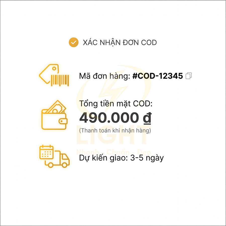 Xác nhận đơn hàng COD 490000 đồng, thanh toán khi nhận, dự kiến giao 3 đến 5 ngày