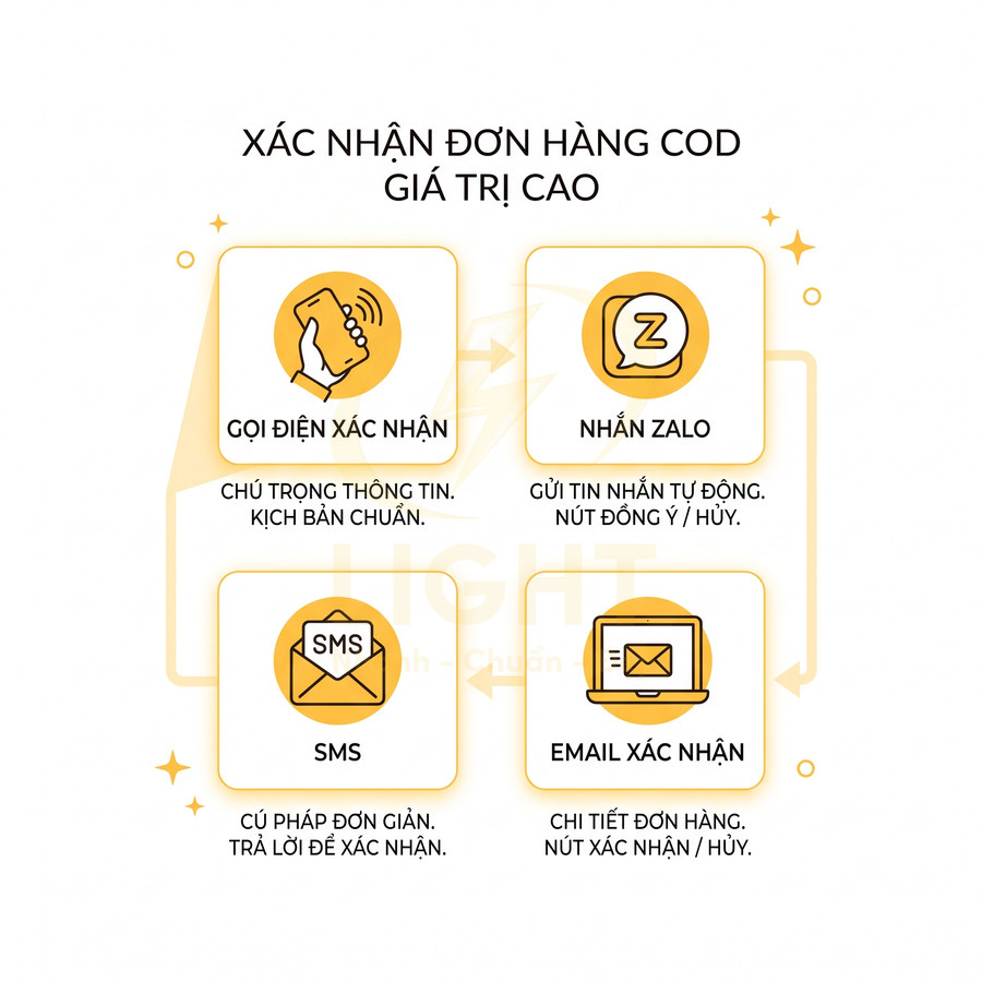 Quy trình xác nhận đơn hàng COD giá trị cao qua gọi điện, nhắn Zalo, SMS và email