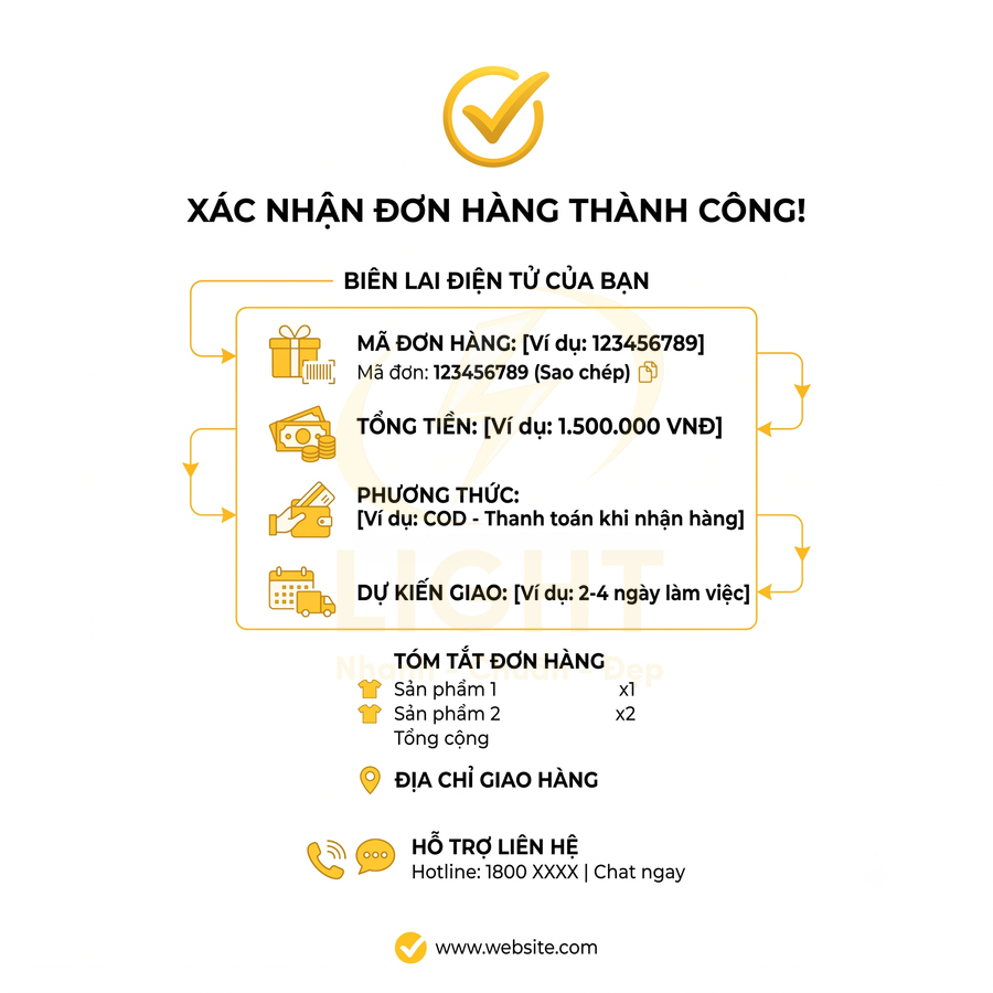 Giao diện xác nhận đơn hàng thành công với biên lai điện tử, mã đơn, tổng tiền, phương thức thanh toán COD và thời gian giao dự kiến
