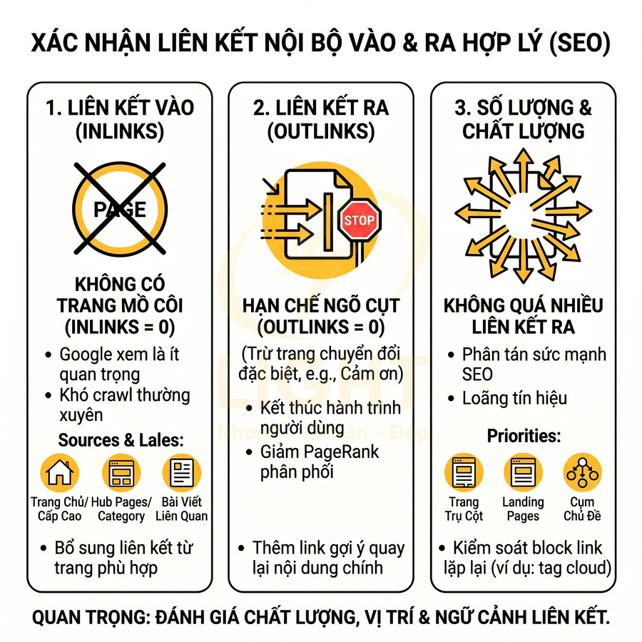 Infographic hướng dẫn tối ưu liên kết nội bộ inlinks outlinks và số lượng chất lượng link cho SEO