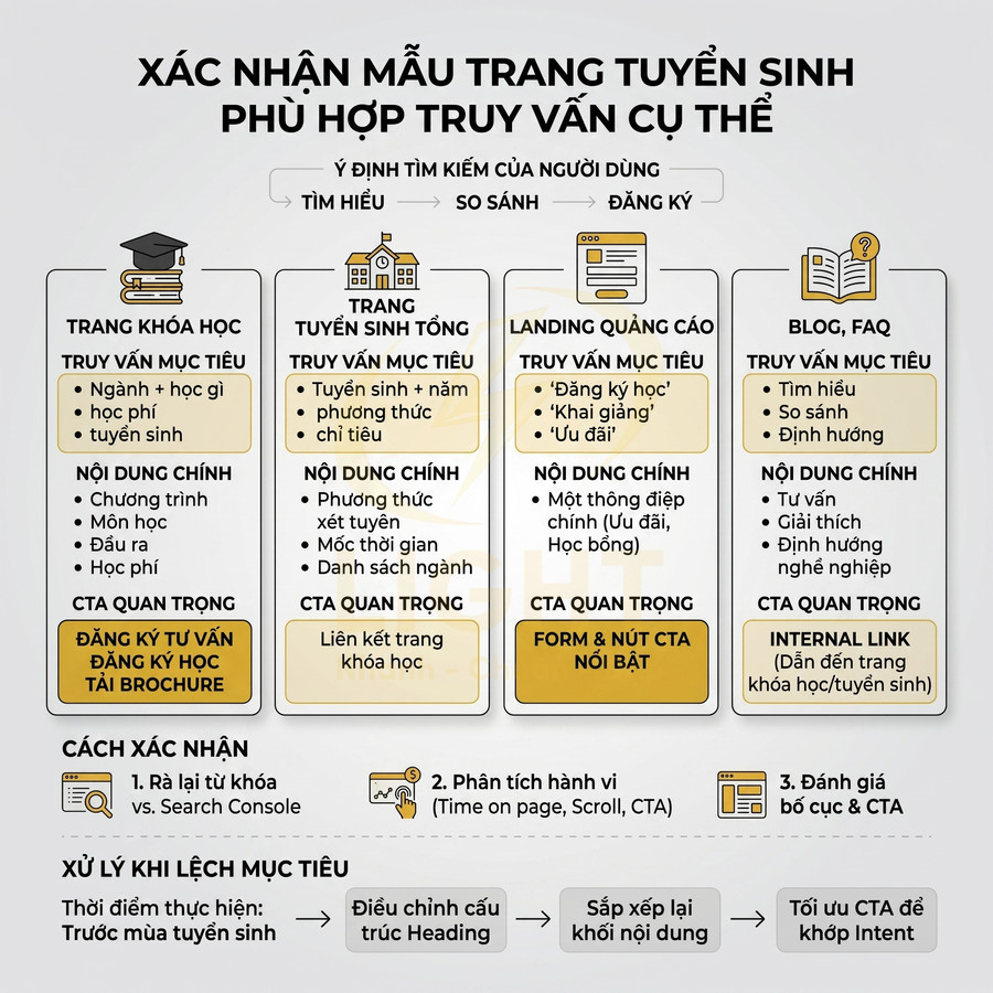 Infographic hướng dẫn xác nhận mẫu trang tuyển sinh phù hợp truy vấn người dùng và tối ưu CTA cho website giáo dục