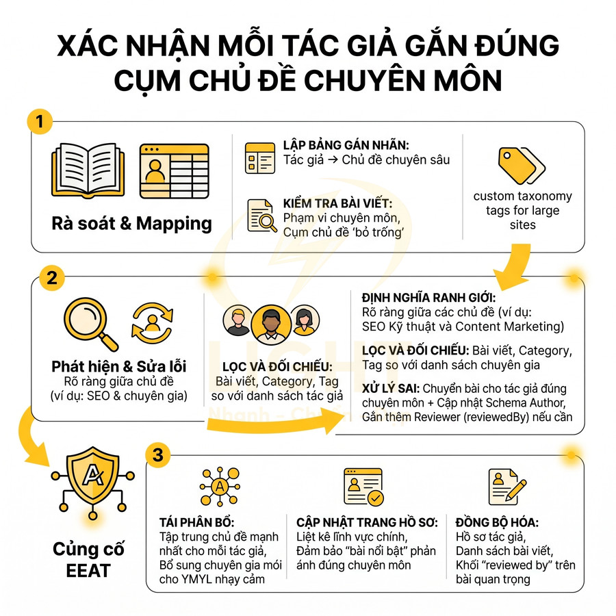 Quy trình xác nhận tác giả gắn đúng cụm chủ đề chuyên môn để củng cố EEAT trong SEO