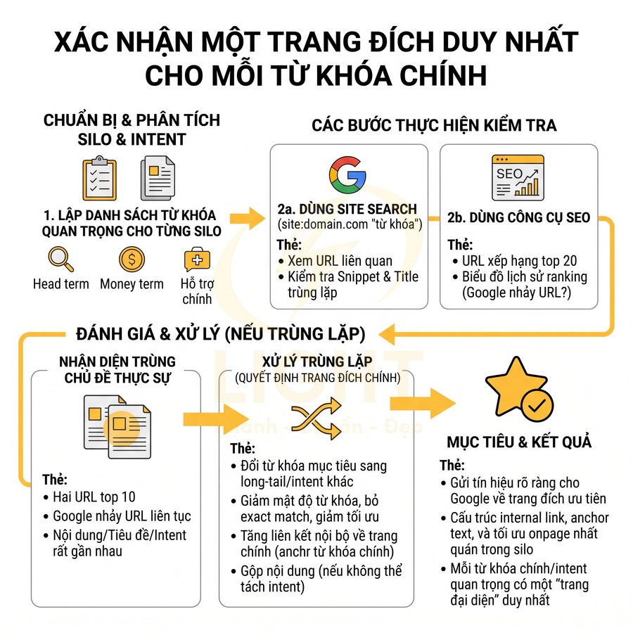 Quy trình xác nhận một trang đích duy nhất cho mỗi từ khóa chính trong chiến lược SEO silo