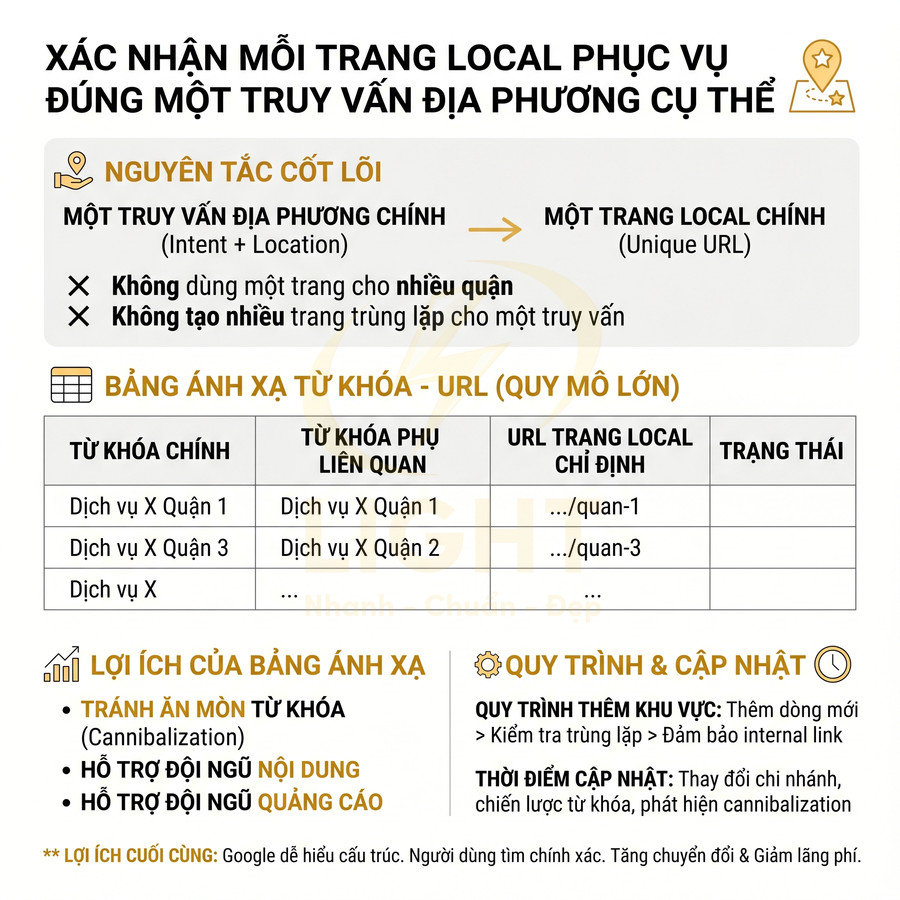 Hướng dẫn xác nhận trang local cho từng truy vấn địa phương và bảng ánh xạ từ khóa sang URL trong SEO địa điểm