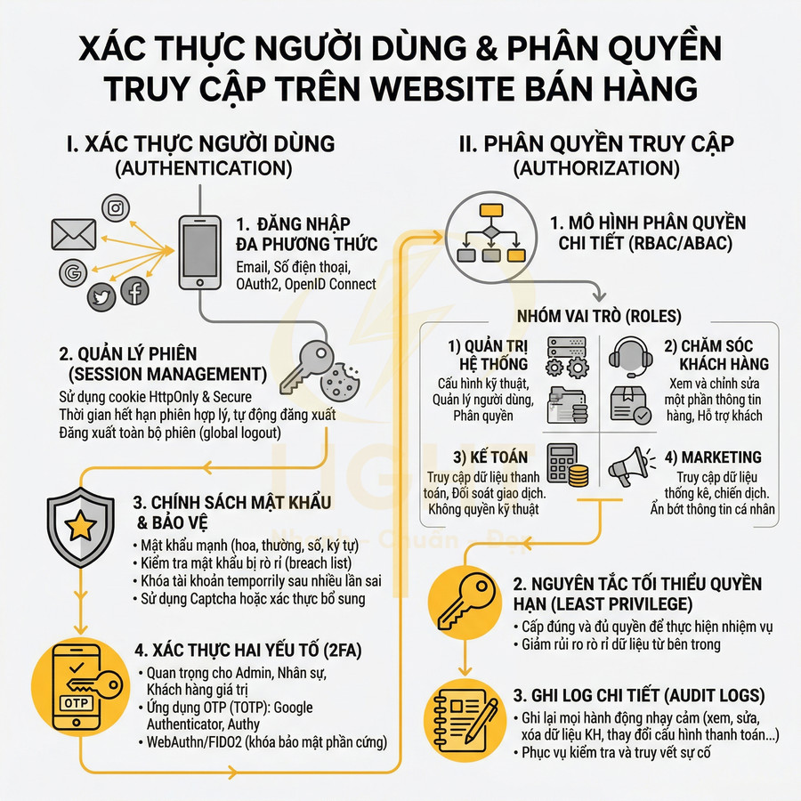 Infographic quy trình xác thực người dùng và phân quyền truy cập trên website bán hàng