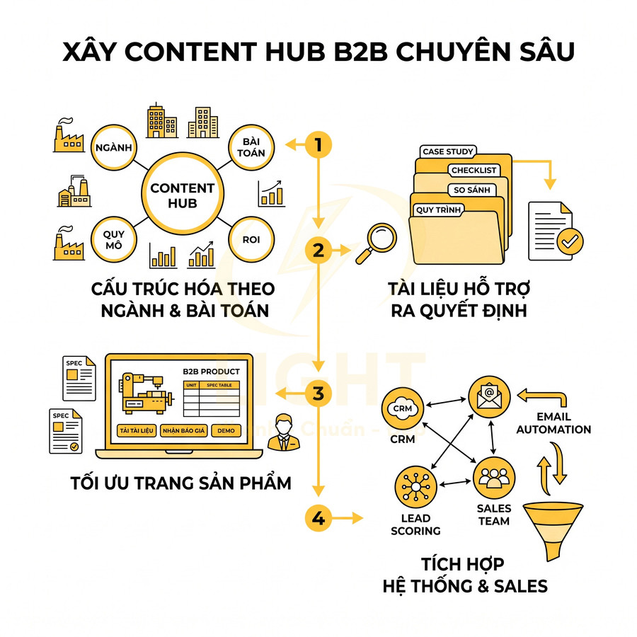 Mô hình xây content hub B2B chuyên sâu với 4 bước tối ưu nội dung, trang sản phẩm và tích hợp hệ thống sales