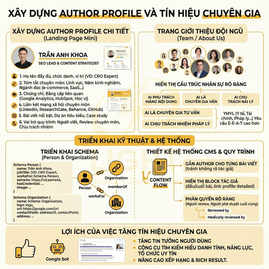 Hướng dẫn xây dựng author profile và tín hiệu chuyên gia SEO với schema, CMS và lợi ích tăng uy tín