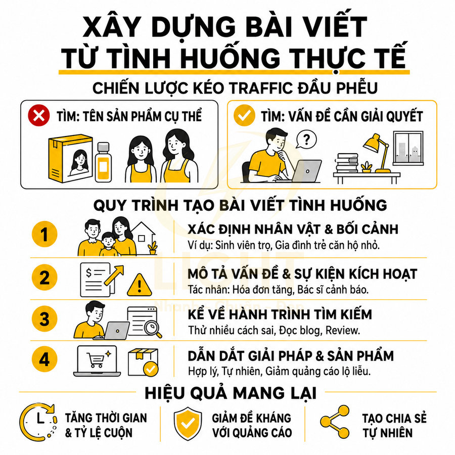 Hướng dẫn xây dựng bài viết tình huống thực tế để kéo traffic đầu phễu và tăng hiệu quả nội dung marketing