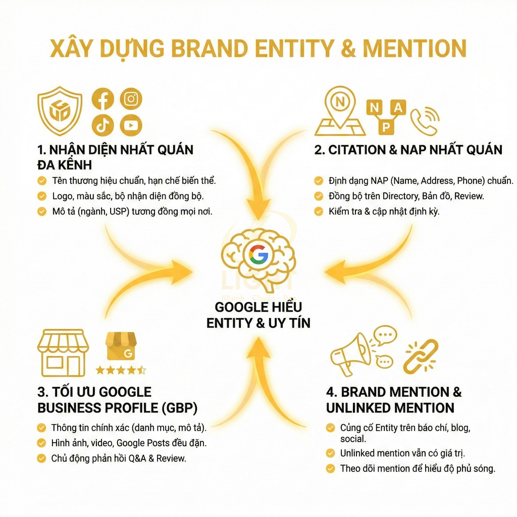 Hướng dẫn xây dựng brand entity và mention với Google qua nhận diện đa kênh, NAP, Google Business Profile và brand mention