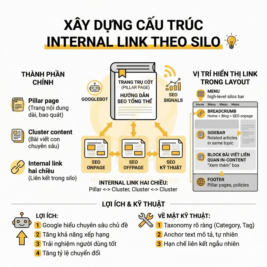 Sơ đồ xây dựng cấu trúc internal link theo silo cho website với pillar page và cluster content hỗ trợ SEO